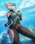  2019 5_fingers anthro blue_eyes blue_hair blue_nose canid canine clothed clothing day detailed_background digital_media_(artwork) eyelashes female fingers fox fur hair hauringu looking_at_viewer mammal outside pink_fur sky smile solo thin_waist water 