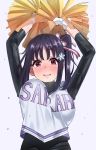  1girl absurdres arm_up armpits bangs blush breasts cheerleader clothes_writing commentary_request hair_ornament hair_ribbon hairclip highres huge_filesize igarashi_kyouhei kazuno_sarah large_breasts looking_at_viewer love_live! love_live!_school_idol_project love_live!_sunshine!! open_mouth ouendan pom_poms purple_eyes purple_hair ribbon saint_snow shirt side_ponytail sleeveless sleeveless_shirt smile solo 