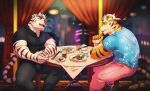  2019 anthro badtiger biceps city clothed clothing curtains digital_media_(artwork) duo felid food fur inside male mammal muscular muscular_male pantherine sitting stripes table tiger white_fur window 