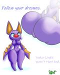  anthro big_butt breasts butt chiropteran convenient_censorship english_text female gloryworm green_eyes hi_res laylee looking_back mammal nude playtonic_games short_stack simple_background sitting smile solo standing teeth text thick_thighs video_games white_background wide_hips wings yooka-laylee 