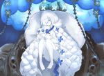  1girl after_suko azur_lane bangs bare_legs blue_eyes blue_flower blunt_bangs bob_cut cape commentary_request convenient_leg dress flower full_body highres holding holding_stuffed_toy jellyfish knees_up looking_at_viewer observer_zero_(azur_lane) partial_commentary pillow rigging short_hair siren_(azur_lane) sitting solo stuffed_toy white_cape white_dress white_hair white_skin 