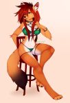  2019 4_toes 5_fingers anthro breasts brown_nose canid canine chesta digital_media_(artwork) female fingers fox fur green_eyes hair mammal midriff navel open_mouth orange_fur red_hair simple_background sitting solo teeth thin_waist toes tongue 