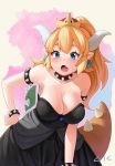  1girl absurdres black_collar black_dress blonde_hair blue_earrings blue_eyes blush bowsette bracelet breasts cleavage collar crown dress eyebrows_visible_through_hair fang hand_on_hip highres horns jewelry large_breasts lkqyan long_hair looking_at_viewer mario_(series) new_super_mario_bros._u_deluxe open_mouth signature skin_fang solo spiked_armlet spiked_bracelet spiked_collar spiked_shell spiked_tail spikes strapless strapless_dress super_crown tail turtle_shell 
