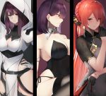  3girls animal_ears ark_royal_(azur_lane) armband azur_lane bare_shoulders black_gloves black_legwear blue_eyes braid breasts bunny_ears bunnysuit cleavage commentary_request cross cross_earrings detached_collar earrings fake_animal_ears gloves gold_trim hands_on_hips hayabusa hood jewelry large_breasts leotard long_hair looking_at_viewer looking_to_the_side monarch_(black_qipao)_(azur_lane) multiple_girls panties purple_eyes red_eyes red_hair short_hair side-tie_panties simple_background underwear very_long_hair white_gloves wrist_cuffs 