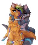  2019 anthro big_breasts blood blue_eyes blush bodily_fluids breasts candy_gore canid canine canis choker collar digital_media_(artwork) domestic_cat duo ear_piercing english_text felid feline felis female fish food fur gore guts hair hi_res hybrid jewelry looking_at_viewer mammal marine mia_dyke_(character) multicolored_hair necklace nude open_mouth piercing pinkxei_(artist) rainbow rainbow_hair shark simple_background smile soul_brave_(character) teeth text thick_thighs tongue wolky 