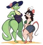  2019 3_toes absurd_res aimbot-jones anthro bandeau belly bottomwear breasts buckteeth butt cleavage clothed clothing countershading denim denim_clothing denim_shorts dragon duo eyelashes eyewear female flower freckles glasses green_skin hair hand_on_hip hat headgear headwear hi_res horn looking_at_viewer mammal midriff mouse murid murine no_irises one-piece_swimsuit plant pose reptile rodent scalie shorts slightly_chubby standing swimwear teeth thick_tail thick_thighs toes wide_hips 