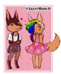  2019 anthro blue_eyes blush canid canine canis choker clothed clothing collar digital_media_(artwork) domestic_cat domestic_dog dress duo ear_piercing felid feline felis female fur hair jazzymunch jewelry looking_at_viewer male mammal mia_dyke_(character) multicolored_hair necklace open_mouth piercing rainbow rainbow_hair simple_background smile tongue tongue_out wolky 