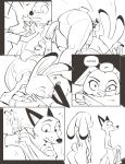  anthro black_and_white blush butt canid canine clothed clothing comic disney female fox judy_hopps lagomorph leporid male mammal mistermead monochrome nick_wilde rabbit sniffing speech_bubble text zootopia 
