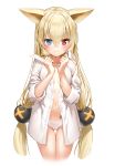  1girl :3 alternate_costume animal_ears bangs blonde_hair blue_eyes blush breasts cat_ears closed_mouth collarbone collared_shirt cropped_legs dress_shirt eyebrows_visible_through_hair g41_(girls_frontline) girls_frontline hair_between_eyes hair_ornament hands_up heterochromia highres long_hair long_sleeves looking_at_viewer low-tied_long_hair low_twintails marmoset_(marmoset0) navel no_pants panties red_eyes shirt simple_background small_breasts solo twintails underwear very_long_hair white_background white_panties white_shirt 