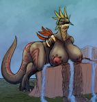  anthro artofzod aztec big_breasts body_art breasts claws detailed_background digital_media_(artwork) feathers female gigantilewd huge_breasts lizard macro melvasar_dewi nipples non-mammal_breasts nude open_mouth outside reptile scalie sky solo standing tree tribal voluptuous water waterfall wide_hips 