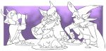  anthro astraeus canid canine cervid clothing domestic_cat drinking eating felid feline felis food group juno_(megatome) maine_coon mammal maned_wolf mori_(megatome) potoobrigham simple_background 