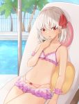  1girl bangs bare_shoulders bikini blush breasts commentary_request earrings fate/grand_order fate_(series) food hair_ribbon highres holding holding_food jewelry kama_(fate/grand_order) looking_at_viewer navel palm_tree pink_bikini pool red_eyes red_ribbon ribbon scrunchie short_hair silver_hair small_breasts solo sushi swimsuit tree wrist_scrunchie younomiti 