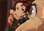  1boy 1girl arm_around_shoulder bookshelf brown_eyes brown_hair checkered checkered_kimono crossover earrings eyeshadow facial_scar fingernails hair_slicked_back hanafuda highres indoors japanese_clothes jewelry kamado_tanjirou kimetsu_no_yaiba kimono looking_at_another makeup red_eyes red_nails scar sen_to_chihiro_no_kamikakushi sharp_fingernails short_hair sweatdrop uniform upper_body yubaba yukasa_(yu_sa18) 