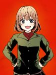 1girl :d arai_ako bangs black_skirt blonde_hair blue_eyes bright_pupils commentary eyebrows_visible_through_hair fangs girls_und_panzer green_jacket highres insignia jacket katyusha light_blush long_sleeves looking_at_viewer open_mouth pleated_skirt pravda_school_uniform red_background red_shirt school_uniform shirt short_hair simple_background skirt smile solo standing turtleneck v-shaped_eyebrows white_pupils 