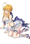  :d ahoge artoria_pendragon_(all) artoria_pendragon_(lancer) ass blonde_hair blue_eyes bracelet braid breasts cleavage fate/stay_night fate_(series) frills hair_between_eyes hair_ribbon highres jewelry looking_at_viewer navel necklace open_mouth ribbon sandals shirokuma_a sketch skirt smile teeth 