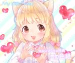  1girl :d animal_ears bangs blonde_hair blush bow brown_eyes cat_ears cat_girl cat_tail diagonal-striped_background diagonal_stripes dot_nose dripping eyebrows_visible_through_hair hair_bow hands_up heart long_hair long_sleeves looking_at_viewer mutou_mato open_mouth original pastel_colors pink_bow raised_eyebrows smile solo striped striped_background tail tareme title translation_request upper_body 