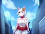  1girl :o animal_ears bare_arms bare_shoulders blue_eyes blue_sky brick_wall cat_ears cat_girl cat_tail choker cloud collarbone day dress eyebrows_visible_through_hair flower hair_flower hair_ornament looking_away open_mouth rabi-ribi red_choker red_flower red_rose rose short_hair sky solo speckticuls strapless strapless_dress tail vanilla_(rabi_ribi) white_dress white_hair yellow_flower yellow_rose 