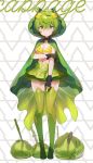  1girl :o bangs black_choker black_gloves blush boots breasts cabbage cape choker collarbone commentary_request eyebrows_visible_through_hair flower food_themed_clothes full_body gloves green_cape green_eyes green_footwear green_hair green_legwear green_skirt hair_between_eyes hair_flower hair_ornament hayama_eishi highres knife looking_at_viewer medium_breasts original parted_lips personification pleated_skirt short_hair skirt solo standing thigh_boots thighhighs yellow_flower 