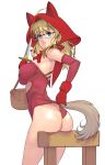  1girl animal_hood ass bangs basket blonde_hair blue_eyes breasts detached_sleeves eyebrows_visible_through_hair fake_tail glasses gloves highres holding holding_weapon hood leotard little_red_riding_hood little_red_riding_hood_(grimm) long_hair looking_at_viewer masao medium_breasts original red_gloves red_hood red_leotard rimless_eyewear solo strapless strapless_leotard tail weapon white_background wolf_tail 