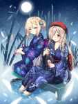  2girls absurdres alternate_costume alternate_hairstyle artist_request bamboo bamboo_forest beret blonde_hair blue_eyes blue_kimono braid flower forest french_braid full_moon g36_(girls_frontline) g36c_(girls_frontline) girls_frontline green_hair hair_flower hair_ornament hat highres huge_filesize japanese_clothes kimono moon multiple_girls nature night red_eyes shaved_ice siblings sisters wading yukata 