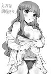  1girl bangs bare_shoulders blush bra breasts censored cleavage dress dress_lift eyebrows_visible_through_hair greyscale heart heart-shaped_pupils heart_censor highres idolmaster idolmaster_cinderella_girls lifted_by_self long_hair monochrome moroboshi_kirari nipples oniku_(oniku029029mm) open_mouth panties pubic_hair pussy pussy_juice see-through simple_background solo symbol-shaped_pupils underwear white_background 