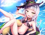  1girl alternate_costume bangs bare_shoulders bikini blue_sky blunt_bangs blush choker cloud collarbone flat_chest groin hat highres holding holding_hat hololive innertube knees lavender_hair legs long_hair looking_at_viewer murasaki_shion navel official_alternate_costume open_mouth outdoors shiki_(catbox230123) sky solo star swimsuit thighs upper_teeth virtual_youtuber water witch_hat yellow_eyes 