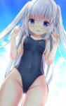  1girl arms_up ass_visible_through_thighs blue_eyes blue_hair blue_swimsuit breasts cloud covered_navel double_v gochuumon_wa_usagi_desu_ka? groin hair_ornament hairclip highleg highleg_swimsuit highres kafuu_chino kouda_suzu long_hair older one-piece_swimsuit open_mouth outdoors sideboob sky small_breasts smile solo swimsuit thighs twintails two_side_up v 