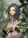  1girl bangs black_hair blade_&amp;_soul blurry_foreground breasts cleavage commentary from_side japanese_clothes kimono large_breasts long_sleeves looking_at_viewer mole mole_under_eye outdoors plant purple_eyes smile solo songjikyo upper_body 