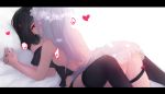  2girls ass bare_shoulders black_hair black_nails black_panties black_shirt breasts commentary demon_horns demon_tail dress heart holding_hands horns lying_on_another medium_breasts multiple_girls original panties pointy_ears shimmer shirt short_hair tail thighhighs topless underwear white_dress white_hair yuri 