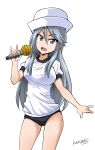  1girl \n/ artist_name bangs black_buruma blue_eyes buruma cowboy_shot dixie_cup_hat double_\n/ eyebrows_visible_through_hair flint_(girls_und_panzer) girls_und_panzer gym_uniform hat highres holding holding_microphone ken_(haresaku) long_hair looking_at_viewer microphone military_hat open_mouth shirt short_sleeves signature silver_hair simple_background solo standing t-shirt tilted_headwear white_background white_headwear white_shirt 