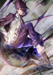  1boy aoki_(fumomo) beard blazer collared_shirt danganronpa dress_shirt facial_hair grin hair_between_eyes invisible_chair jacket looking_at_viewer male_focus momota_kaito new_danganronpa_v3 open_blazer open_clothes open_jacket open_shirt pants print_shirt purple_eyes purple_hair purple_jacket purple_pants shirt sitting slippers smile solo spiked_hair white_shirt wing_collar 