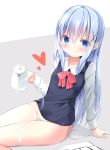  1girl :p blue_eyes blue_hair blue_shirt blush gochuumon_wa_usagi_desu_ka? hair_ornament hairclip highres kafuu_chino kouda_suzu long_hair looking_at_viewer lowleg lowleg_panties milk no_pants panties pouring pouring_onto_self shirt side-tie_panties sitting skirt skirt_removed smile solo thighs tongue tongue_out underwear untied white_panties white_skirt 