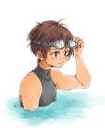  1boy alec_(arc_the_lad) arc_s0222 arc_the_lad arc_the_lad_iii brown_eyes brown_hair closed_mouth commentary_request goggles simple_background smile solo upper_body water white_background 