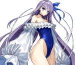  1girl bangs bare_shoulders blue_choker blue_ribbon blue_swimsuit breasts choker closed_mouth collarbone covered_navel ero_waifu fate/grand_order fate_(series) frills hair_between_eyes hair_ribbon highleg highleg_swimsuit licking_lips long_hair long_sleeves looking_at_viewer meltryllis meltryllis_(swimsuit_lancer)_(fate) one-piece_swimsuit puffy_sleeves ribbon simple_background small_breasts swimsuit thighs tongue tongue_out very_long_hair white_background 