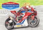  1girl biker_clothes bikesuit blonde_hair blue_eyes boots colored_pencil_(medium) ground_vehicle honda motor_vehicle motorcycle original ponytail rpracing thigh_boots thighhighs traditional_media 