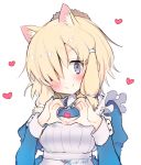  1girl alpaca_ears alpaca_suri_(kemono_friends) alternate_costume animal_ear_fluff animal_ears blonde_hair blue_dress blue_eyes blue_nails commentary_request dress enmaided extra_ears eyebrows_visible_through_hair frilled_dress frills hair_bun hair_over_one_eye hair_tubes heart heart_hands ichi_0w0 kemono_friends maid maid_headdress nail_polish puffy_sleeves short_hair sleeve_cuffs solo upper_body 