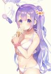  1girl azur_lane bare_arms bare_shoulders beige_background bikini blush breasts brown_flower cleavage collarbone commentary cowboy_shot eating electric_fan fingernails flower food groin hair_bun hair_flower hair_ornament holding holding_food ice_cream ice_cream_cone long_hair looking_at_viewer medium_breasts nail_polish navel one_side_up pico_(p_i_c_o) pink_nails pink_scrunchie purple_eyes purple_hair scrunchie simple_background soft_serve solo stuffed_alicorn stuffed_animal stuffed_toy swimsuit unicorn_(azur_lane) very_long_hair white_bikini wrist_scrunchie 