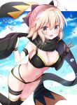  1girl :d ahoge armband bangs bare_shoulders bikini black_bikini black_bow black_gloves black_legwear black_scarf blonde_hair blue_sky bow breasts brown_eyes bubble cleavage cloud day elbow_gloves eyebrows_visible_through_hair fate/grand_order fate_(series) gloves hair_between_eyes hair_bow half_updo hand_up highleg highleg_bikini highres holding large_breasts leaning_forward looking_at_viewer masayo_(gin_no_ame) navel okita_souji_(fate)_(all) okita_souji_(swimsuit_assassin)_(fate) open_mouth scarf short_hair single_glove sky smile solo standing sunlight swimsuit thigh_strap thighhighs thighs v water water_drop wristband 