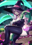  1girl animal bare_shoulders black_hair black_legwear bottle breasts cleavage collarbone dress english_commentary eyelashes hat highres holding holding_bottle lipstick little_witch_academia long_hair makeup mushroom older pink_hair poison purple_dress red_eyes smile snake solo steve_chopz sucy_manbavaran thighhighs witch witch_hat 