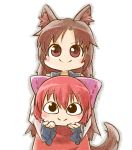  2girls animal_ears black_eyes blush_stickers bow brown_eyes brown_hair carrying chamaji chibi commentary_request disembodied_head hair_bow imaizumi_kagerou looking_at_viewer multiple_girls parody red_hair sekibanki smile style_parody tail touhou wolf_ears wolf_tail younger 