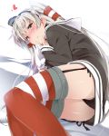  1girl amatsukaze_(kantai_collection) ass bangs bed_sheet black_dress black_panties blush brown_eyes closed_mouth dress embarrassed eyebrows_visible_through_hair garter_straps gloves hair_tubes hat heart highres kantai_collection long_hair long_sleeves looking_at_viewer lying mini_hat mtu_(orewamuzituda) on_side panties pantyshot pantyshot_(lying) red_legwear sailor_dress short_dress silver_hair single_glove sleeves_past_wrists solo striped striped_legwear symbol_commentary thighhighs two_side_up underwear white_gloves windsock 