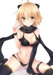  1girl bangs bare_shoulders between_legs bikini black_bikini black_bow black_gloves black_legwear black_scarf blonde_hair blush bow breasts cleavage closed_mouth commentary_request elbow_gloves eyebrows_visible_through_hair fate/grand_order fate_(series) gloves green_eyes hair_between_eyes hair_bow hand_between_legs hand_up medium_breasts nikoo no_shoes okita_souji_(fate)_(all) okita_souji_(swimsuit_assassin)_(fate) scarf single_glove skindentation smile solo swimsuit thigh_strap thighhighs v white_background 