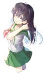  1girl black_hair brown_eyes collarbone collared_shirt cowboy_shot cropped_legs floating_hair full_body green_sailor_collar green_skirt hair_between_eyes higurashi_kagome inuyasha long_hair miniskirt motobi_(mtb_umk) neckerchief pleated_skirt red_neckwear sailor_collar school_uniform serafuku shirt short_sleeves simple_background skirt solo standing white_background white_shirt 