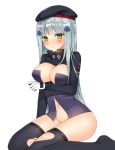  1girl arm_under_breasts beret black_headwear black_legwear blush bottomless breast_hold breasts canape_(canape0130) cleavage commentary facial_mark girls_frontline gloves green_eyes groin hair_ornament hat hk416_(girls_frontline) jacket long_hair long_sleeves looking_at_viewer medium_breasts navel nose_blush parted_lips purple_jacket silver_hair simple_background sitting solo thighhighs torn_clothes torn_legwear very_long_hair wariza white_background white_gloves 
