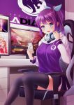  1girl black_legwear blue_eyes blue_ribbon breasts cellphone commentary computer headphones highres holding holding_cellphone holding_phone hood hood_down hoodie long_hair long_sleeves looking_at_viewer medium_breasts missyouone1812 original overwatch overwatch_(logo) phone pink_hair ponytail purple_hoodie purple_skirt ribbon sitting skirt smartphone solo tanuki thighhighs webcam white_hoodie 