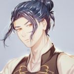  1boy artist_name black_hair darkgreyclouds felix_hugo_fraldarius fire_emblem fire_emblem:_three_houses gradient gradient_background hair_bun male_focus orange_eyes portrait solo uniform 