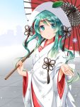  1girl aira_(exp) aqua_hair grey_background hatsune_miku highres holding holding_umbrella hood hood_up hooded_kimono japanese_clothes kimono long_hair long_sleeves looking_at_viewer oriental_umbrella print_kimono red_umbrella shiny shiny_hair snow snowflake_print snowflakes solo standing umbrella vocaloid white_kimono yukata yuki_miku 