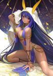  1girl absurdres animal_ears arm_up bangle beads between_legs blue_hair bracelet breasts cleavage closed_mouth dark_skin ears_through_headwear egyptian_clothes fate/grand_order fate_(series) highres jewelry large_breasts long_hair looking_at_viewer navel nitocris_(fate/grand_order) pelvic_curtain purple_eyes revealing_clothes solo tattoo teffish thighs veil very_long_hair 