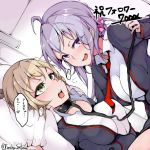  2girls after_kiss ahoge bed blonde_hair blush breasts collar eyebrows_visible_through_hair funkysatou grey_hair hair_ornament hair_ribbon large_breasts leash looking_at_viewer lying multiple_girls necktie on_back open_mouth pillow purple_eyes red_neckwear ribbon saliva saliva_trail school_uniform senki_zesshou_symphogear shiny shiny_hair short_hair smile tachibana_hibiki_(symphogear) tongue tongue_out yellow_eyes yukine_chris yuri 