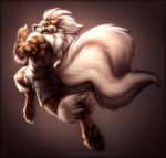  anthro anthrofied arcanine claws clothed clothing digitigrade fluffy fluffy_tail hi_res kyros_(dowski) looking_at_viewer looking_back male muscular muscular_male neck_tuft neodokuro nintendo pawpads pok&eacute;mon pok&eacute;mon_(species) running solo tongue tongue_out tuft video_games 